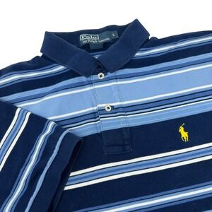 POLO RALPH LAUREN Blue Striped Two Button Short Sleeve Polo Shirt Large